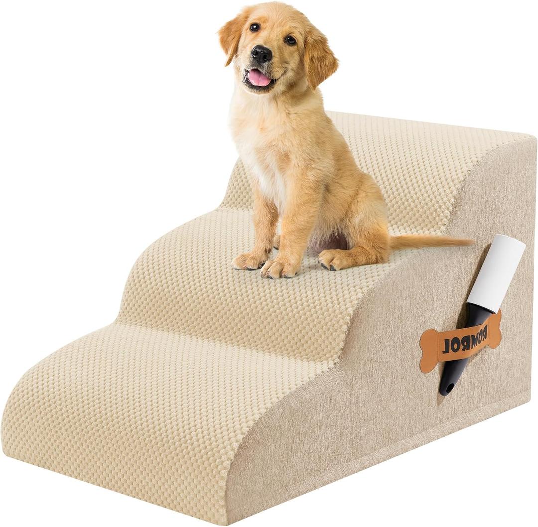 Romrol Dog Stairs Ramp for High Beds Couches, High Density Foam Pet Steps with Durable Non-Slip Waterproof Fabric Cover, Dog Stairs for Small Dogs or Cats or Pets, 3-Step,15 Inch,Beige