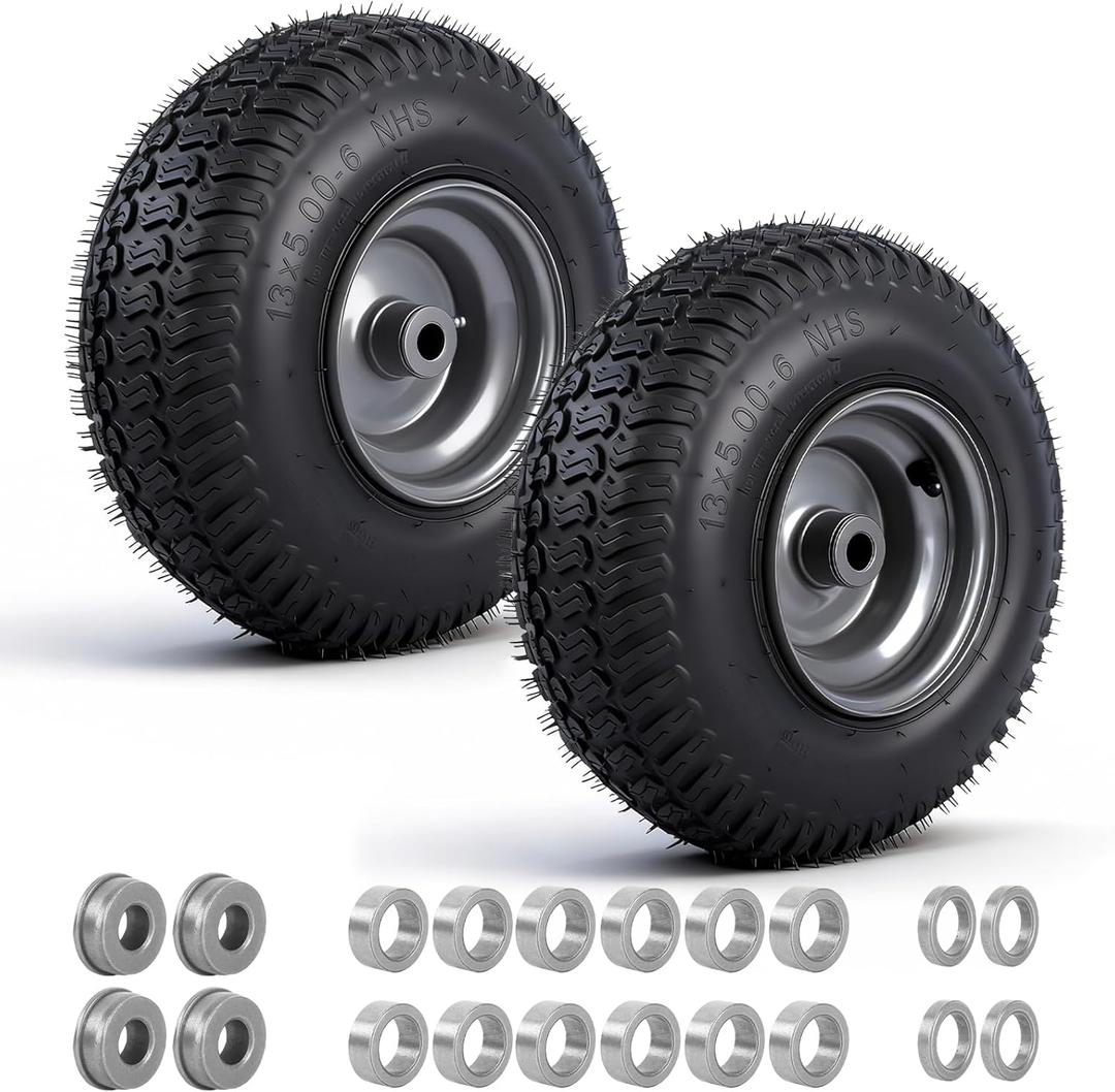 (2 Pack)13x5-6 Tubeless Riding Mower Tire and Wheel,Tubeless,3/4" and 5/8" Bushings, 3-5" Centered Hub,Compatible with Riding Mowers and Garden Tractors
