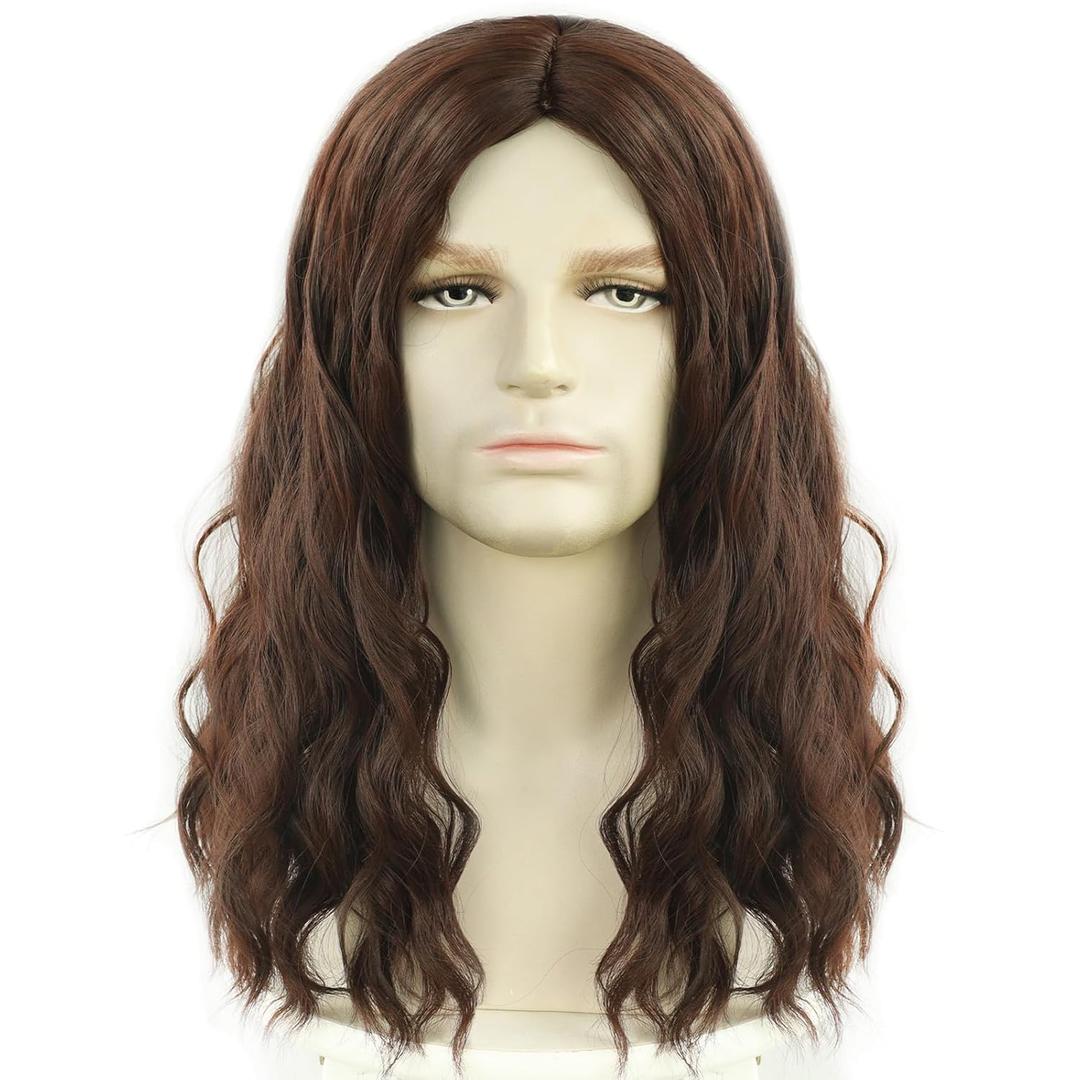 Brown Wig Mens Long Brown Wig 80s Middle Part Male Shoulder Length Man Hair Heat Resistant Synthetic for Halloween Cosplay Costume Party