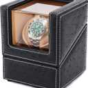 Automatic Single Watch Winder for Rolex and Other Luxury Watches - Automatic Winder with Quiet Motor, Premium Black Ostrich Leather Exterior and Soft Flexible Watch Pillows of Camel Velvet