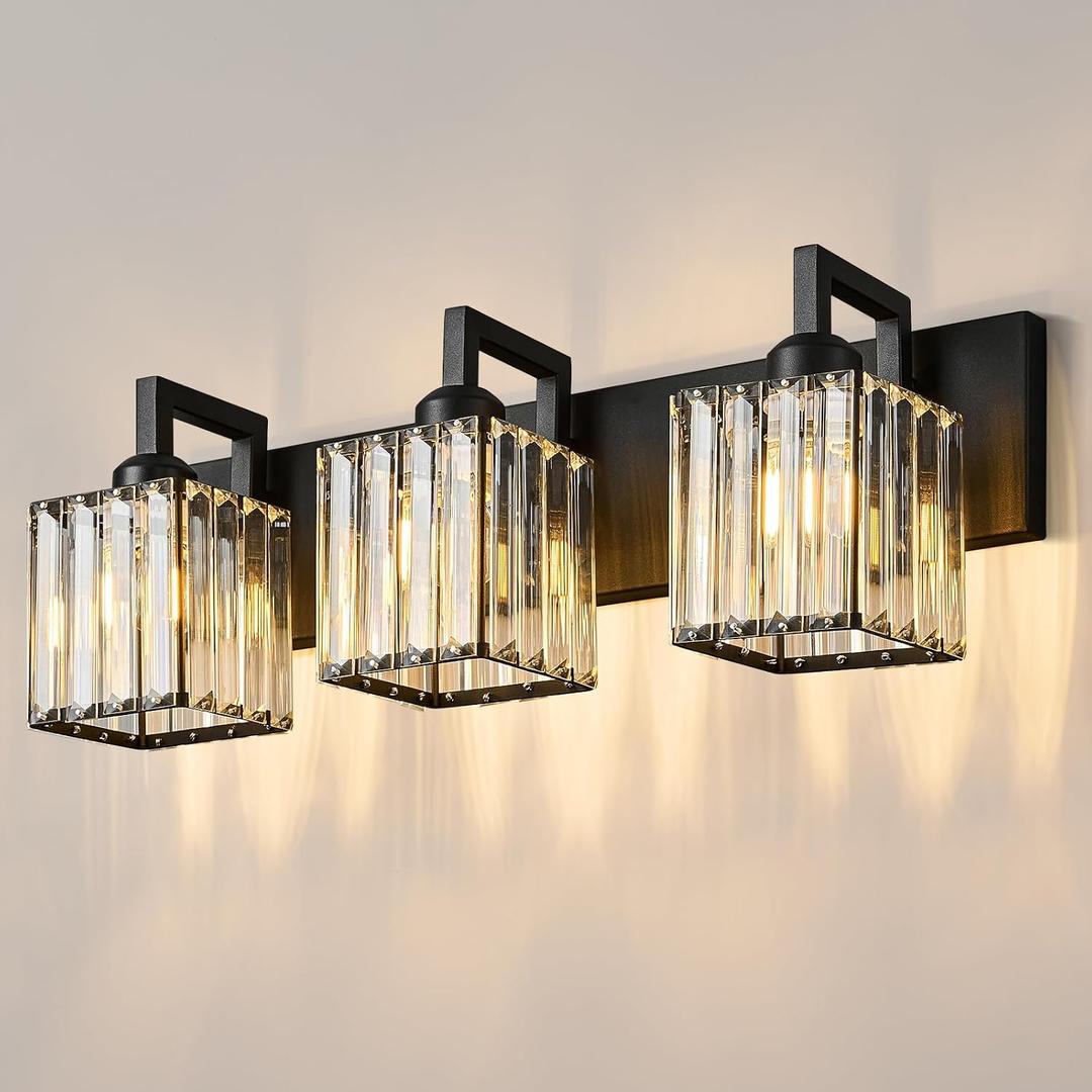 Modern Bathroom Vanity Light 3-Lights Black Crystal Wall Lamp Bathroom Modern Crystal Vanity Lighting