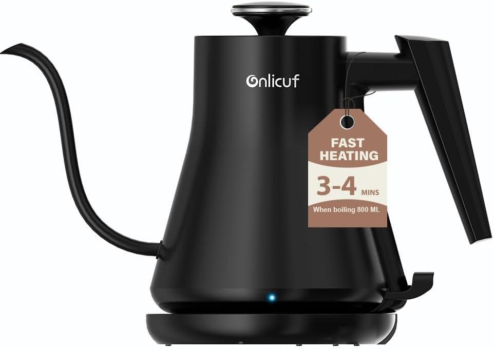 Onlicuf Gooseneck Electric Kettle 0.8L - Matte Black Tea Kettle with Auto Shut Off, Boil-Dry Protection & BPA-Free, Precision Electric Water Kettle for Pour Over Coffee