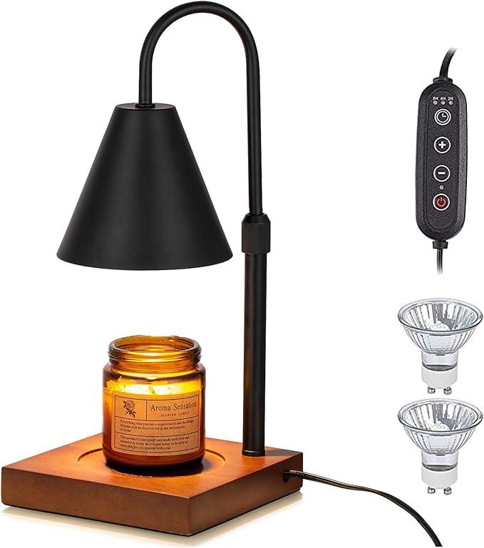 Romadedi Candle Warmer Lamp with Timer : for Large Scented Candle Jar Fragrance Adjustable Height Dimmable Light Electric Top Candle Wax Melter Home Decor Black 2 Bulbs Included
