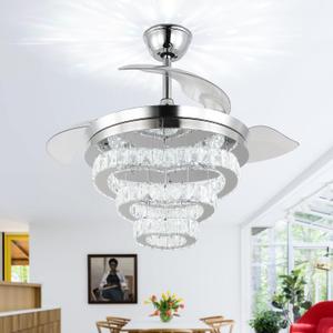 CLAIRDAI 42 Modern Dimmable Crystal LED Chandelier Fan with Light and Remote, 6-Speed DIY Flush Mount Ceiling Fan Light Fixtures, Reversible Fandelier for Bedroom Living Room (Chrome)