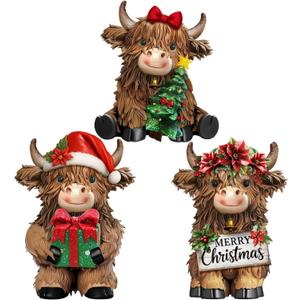 3 Pcs Christmas Highland Cow Figurines Decor Cow Gnomes with Santa Hat Christmas Resin Statue Calf Lovers Gifts for Farmhouse Home Garden Bathroom Kitchen Office Tiered Tray Table Decor