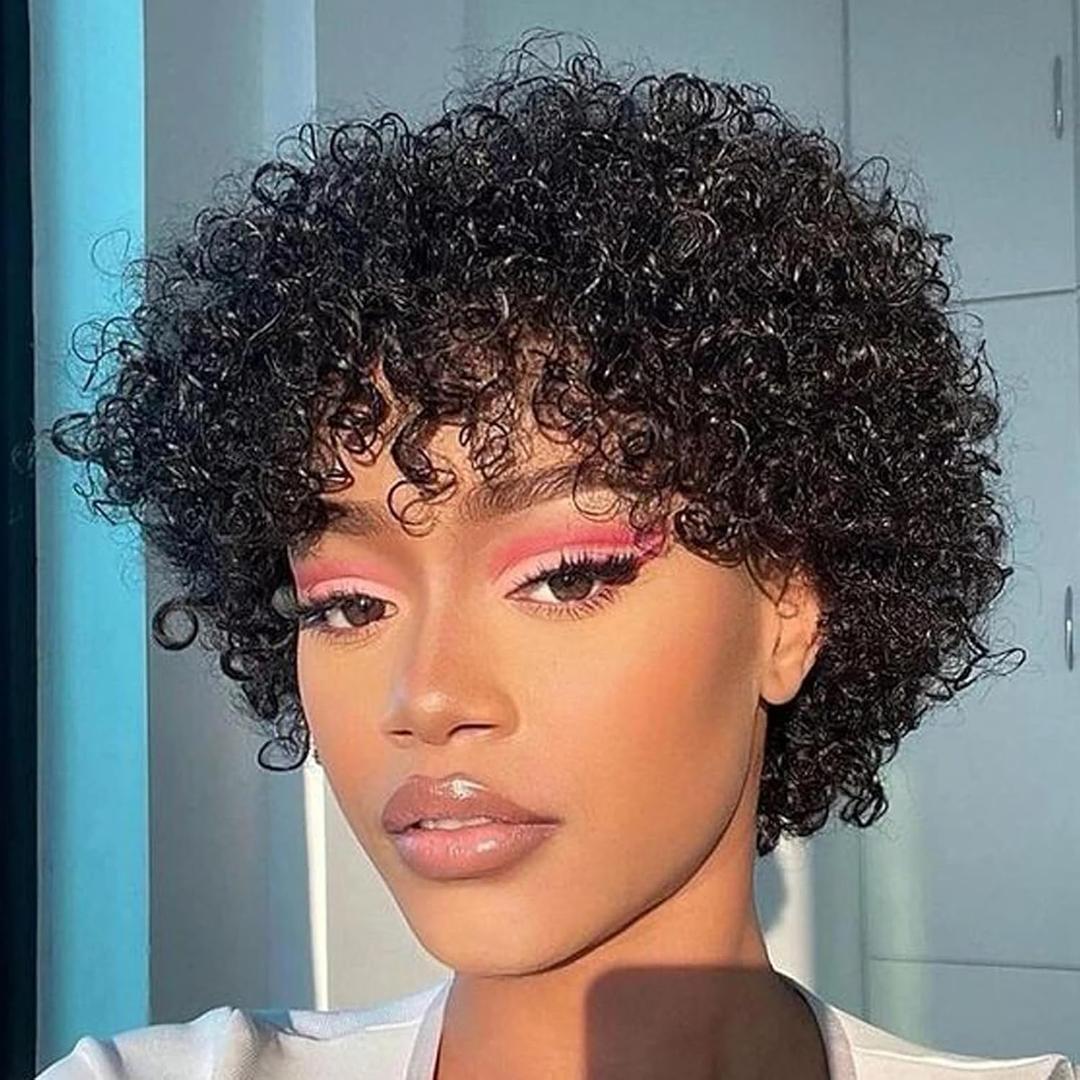 Mofyue Pixie Cut Wigs for Black Women Short Human Hair Wigs with Bangs Afro Curly Wig Human Hair Short Layered Pixie Wig Natural Black Color (Natural Black 171#)