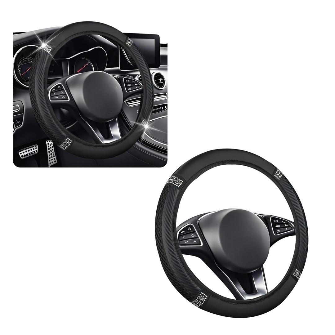Bling Steering Wheel Cover Women,Rhinestones Sterring Wheel Cover with Two-Tone Leather,Anti-Slip Car Wheels Covers Car Accessories Fit for Diameter Ranging from 14.17 to 15.35" (Black)