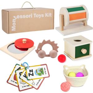 Montessori Educational Toys for Babies 7-12 Months, 7 in 1 Early Learning Educational Kit for Toddlers Gifts, Includes Spinning Drum, Permanent Box, Red Mirror Knob Puzzle, Hedgehog Rattle and More