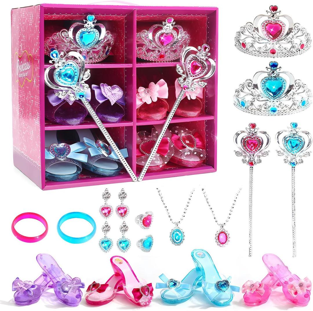 CUTE STONE Princess Dress Up Shoes and Jewelry Toys, Pretend Play Fashion Princess Accessories of Crowns, Necklaces, Bracelets, Rings, Beauty Chritsmas Gifts for 3,4,5,6 Years Old Little Girls