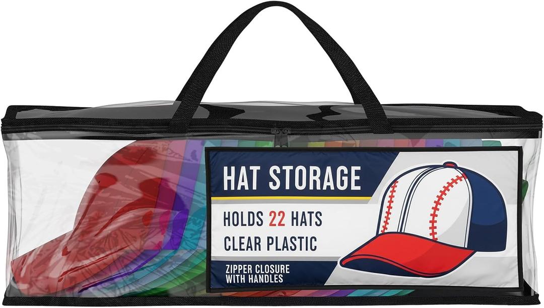 Houseables Baseball Cap Storage Bag, Hat Organizer Case, Cap Holder, Clear Plastic Tote, Black Handles, Moisture & Dust Proof, w/Zipper Closure, Holds up to 22 Hats, Dirt Protection, 23" x 6" x 8"
