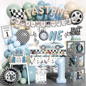 Fast One Birthday Decorations, 146 Pcs Race Car 1st Birthday Party Supplies includes Backdrop, Balloon Garland, Photo Banner, Foil Balloons, Tablecloth, Boxes, Poster, Flag, Crown for Boys