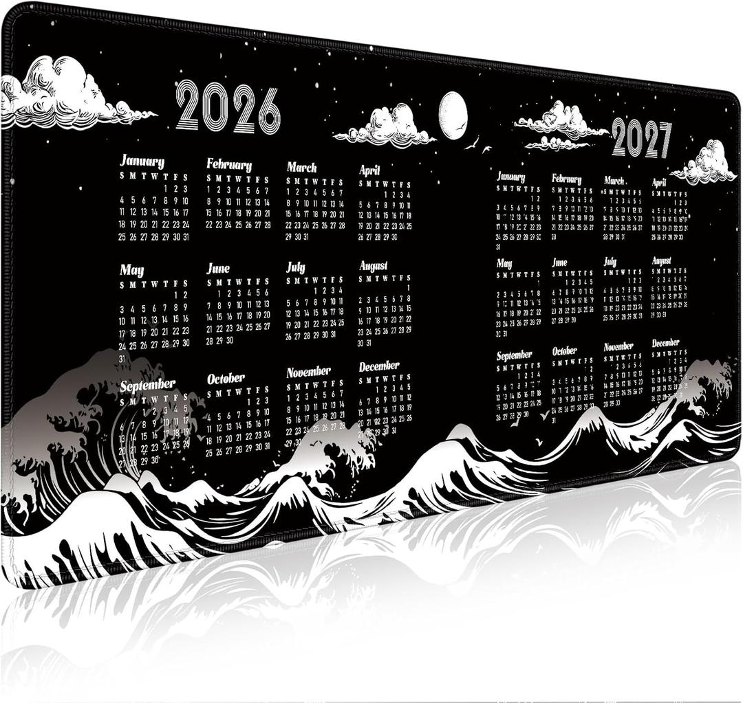 2026 2027 Calendar Desk Pad Mat with Stitched Edges and Non-Slip Rubber Base, Premium-Textured Mouse Pad for Laptop, Computer & PC, Gaming & Working, Waterproof Mousepad (Black)