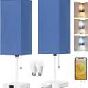 18'' Table Lamp for Bedroom set of 2,3-Color Bedside Lamps with Pull Chain Table Lamps for Night stands ,Small Night Light Lamps with 2 Bulbs Lamps for Living Room Kids Room Office Decor Blue+ White