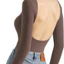 SUUKSESS Women Backless Y2k Long Sleeve Bodysuit Double Lined Open Back Sexy Basic Top (Brown, M)