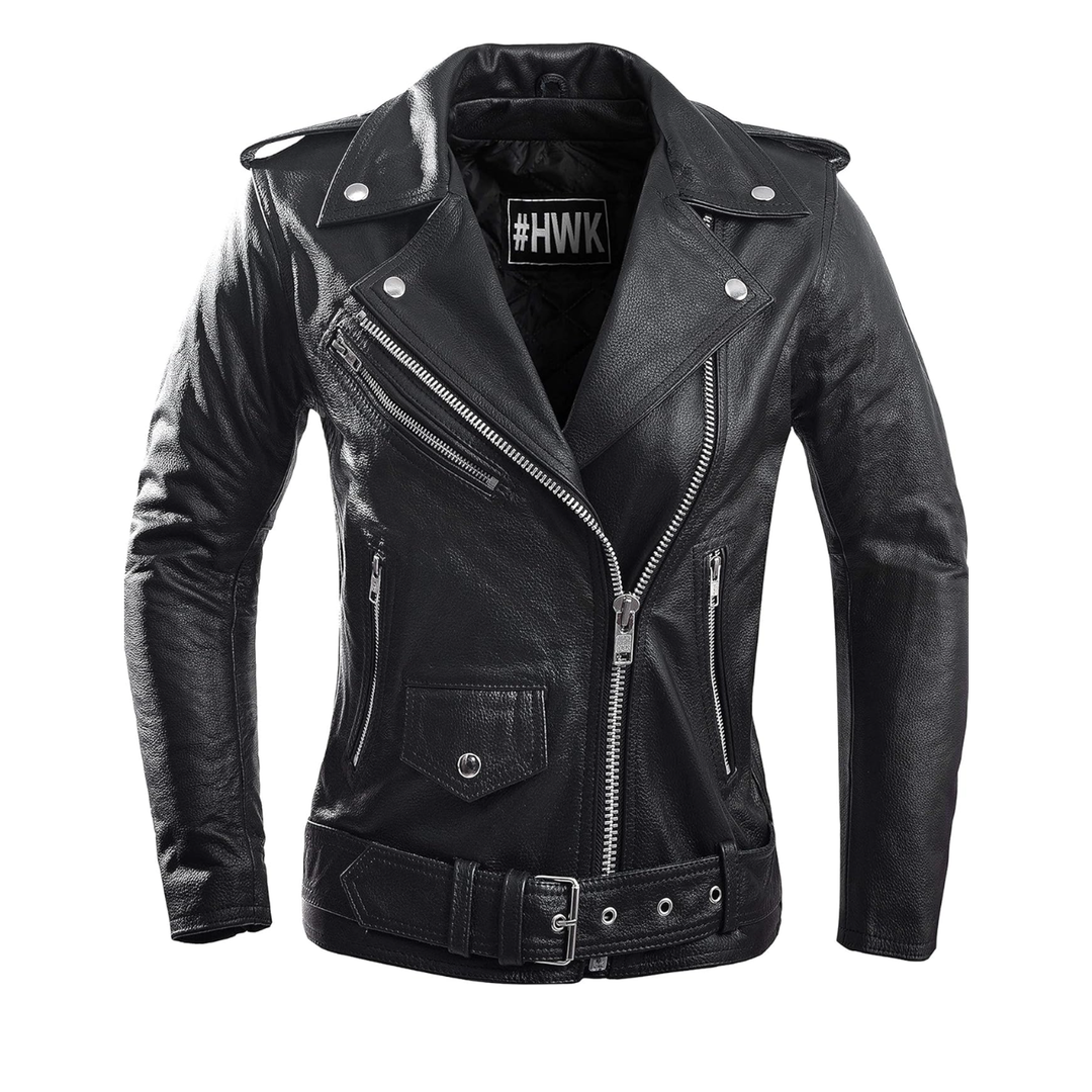 HWK Brando Leather Motorcycle Jacket for Women, Genuine Leather Jacket for Weather & Water Resistant Motorbike Riding L