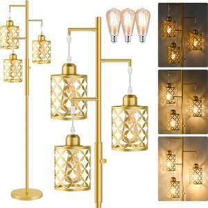Dimmable Floor Lamp, Farmhouse Standing Lamp with Elegant Metal Cage, Industrial Tall Tree Floor Lamps for Living Room, Bedroom, Study Room, Office, 2000LM LED Bulbs Included - 68", Gold