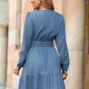 Simplee Womens Fall Denim Dress Casual Long Sleeve V Neck Empire Waist Ruffle A Line Flowy Short Jean Dresses with Pockets (Blue, S)