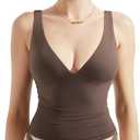 SUUKSESS Women Sexy V Neck V Back Tank Top Summer Sleeveless Going Out Double Lined Basic Tops (Large, Brown)