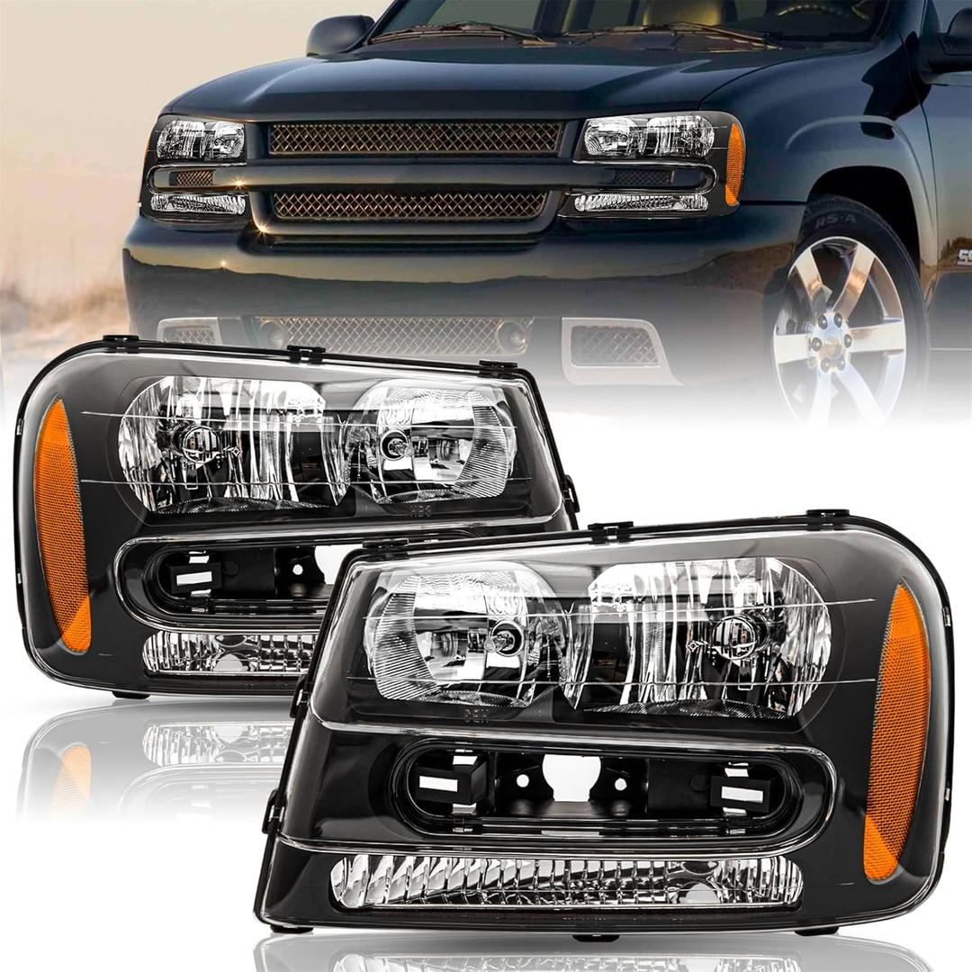 For [Full Length Grill Bar Type] 2002-2009 Chevy Trailblazer Headlights Assembly Pair Set Replacement Front Lamps Driver & Passenger Side NOT FIT 06-09 LT Type (Black Housing & Amber Reflector)