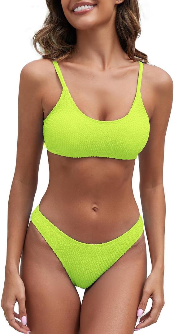 Fanuerg Women's Ribbed Bikini Sets Scoop Neck Cheeky Swimsuit Textured Two Piece Bathing Suit (Green, L)