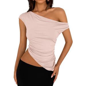 Womens 2025 Summer Off The Shoulder Crop Tops Sleeveless One Shoulder Ruched Asymmetrical Y2k Going Out Tank Top (Pink, L)
