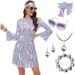 70s Women Disco Dress Hippie Costumes Necklace Earrings Glasses, 60's 70's Birthday Outfits, 1970s Prom Bling Dress XXL