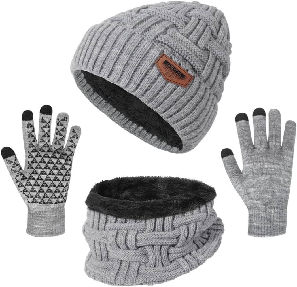 3-Pieces Winter Beanie Hat Scarf and Touch Screen Gloves Set Warm Knit Skull Cap for Men Women