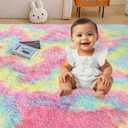 Faux Fur Rainbow Area Rug for Bedroom Living Room Sofa,6'X9' Fluffy Shaggy Rectangular Square Rug for Kids Teen Girls Room,Furry Carpet for Nursery Baby Room Decor for Teenage