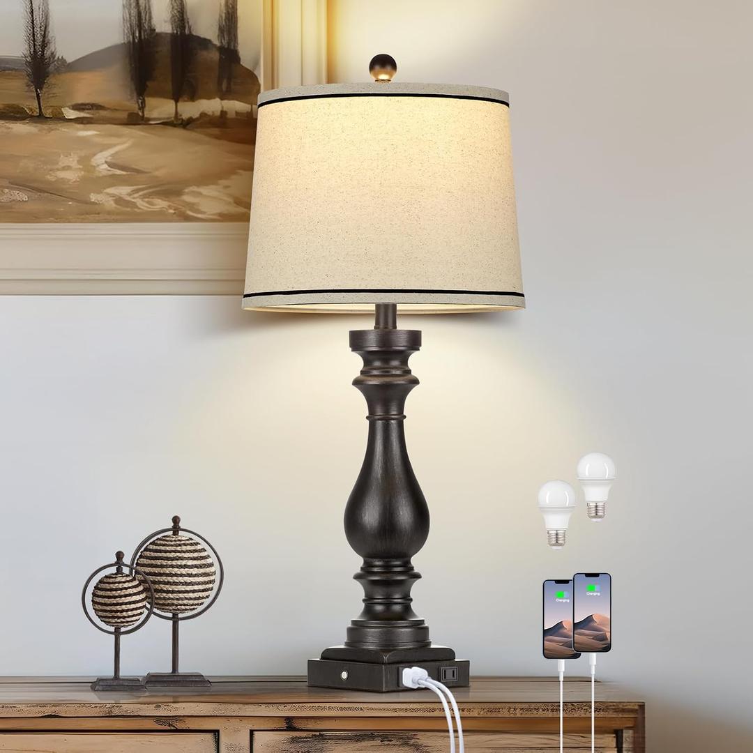 Rinweey 29" Farmhouse Table Lamp for Living Room,Vintage Bedside Nightstand Lamp with USB C+A Ports & AC Outlet,3-Way Dimmable Touch Control Retro Black Desk Lamp for Bedroom,Single Black