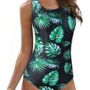 American Trends One Piece Swimsuit Women Criss Cross Back Color Block Print Bathing Suits Athletic Modest Swimwear (Medium, Black and green leaves)
