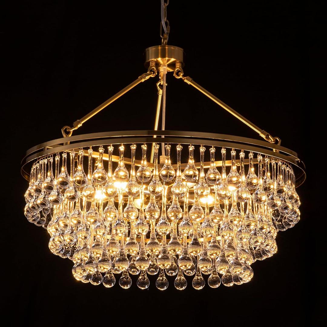 TOCHIC Modern Crystal Chandelier for Dining Room, 24 inch Gold Chandeliers Light Fixtures High Ceiling Crystal Pendant Lighting for Bedroom, Kitchen Island Light, Living Room Chandelier, 3 Tiers