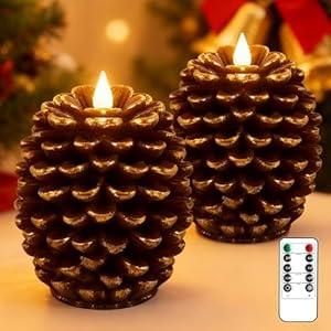YAUNGEL 2 Pcs Pine Cone Candles Flameless with Remote Timer, Real Wax Christmas Battery Operated Pine Cone Candles, 3D Wick Battery Candle Flickering for Christmas Thanksgiving Day Holiday Home Decor