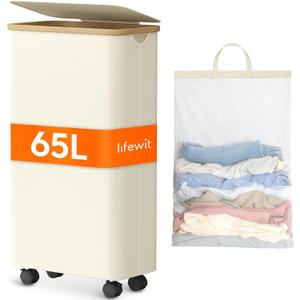 Lifewit 80L Laundry Basket with Lid, Clothes Hampers for Laundry with Bamboo Handles and A Removable Bag, Large Foldable Laundry Hamper for Bedroom, Bathroom, Dorm, Laundry Room, White with Wheels (65L)