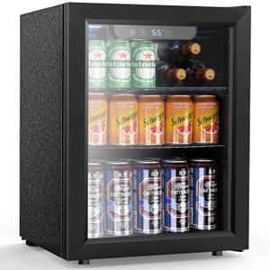 68 Cans Beverage Refrigerator Cooler, 1.7 cu.ft Mini Fridge Glass Door Drink Cooler for Beer, Soda,Wine, Digital Temperature Control for Home Office Bar (Black)
