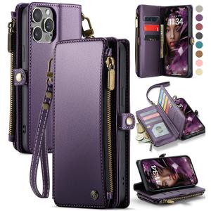 Defencase Compatible with iPhone 14 Case Wallet with RFID Blocking Card Holder for Women and Men, Fashion PU Leather Magnetic Snap Flip Zipper Strap Wallet Phone Case Fit for iPhone 14 6.1", Purple