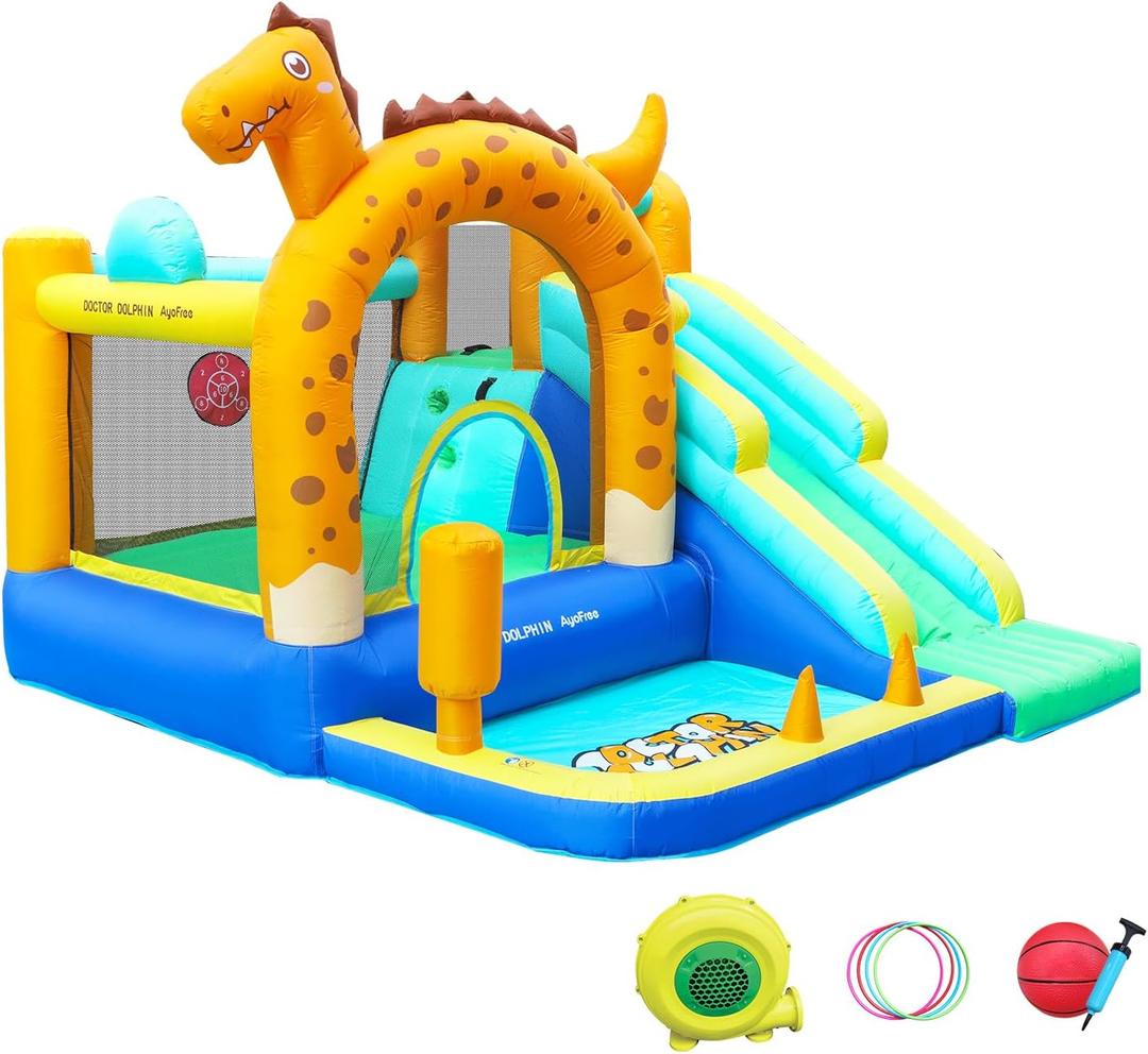 Doctor Dolphin Bounce House Slide Dinosaur Inflatable Bouncy Castle Jumping Castle with Tunnels Ball Pit for Toddlers Kids 3-8 Years Old, 10'3" x 9'5" x 7'5"