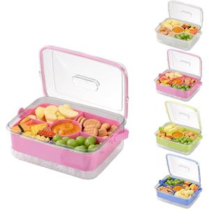 Divided Chilled Serving Tray for Parties, Ice Chilled Party Platter, Ice Serving Bowl with Lid and Handle, Charcuterie Serving Board, Cold Dish Dip for Fruit Seafood Vegetable Shrimp Cocktail Appetizer (Pink)