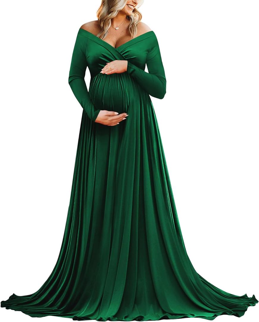 Saslax Maternity Off Shoulders Half Circle Gown for Baby Shower Photo Props Dress (N-green 131)