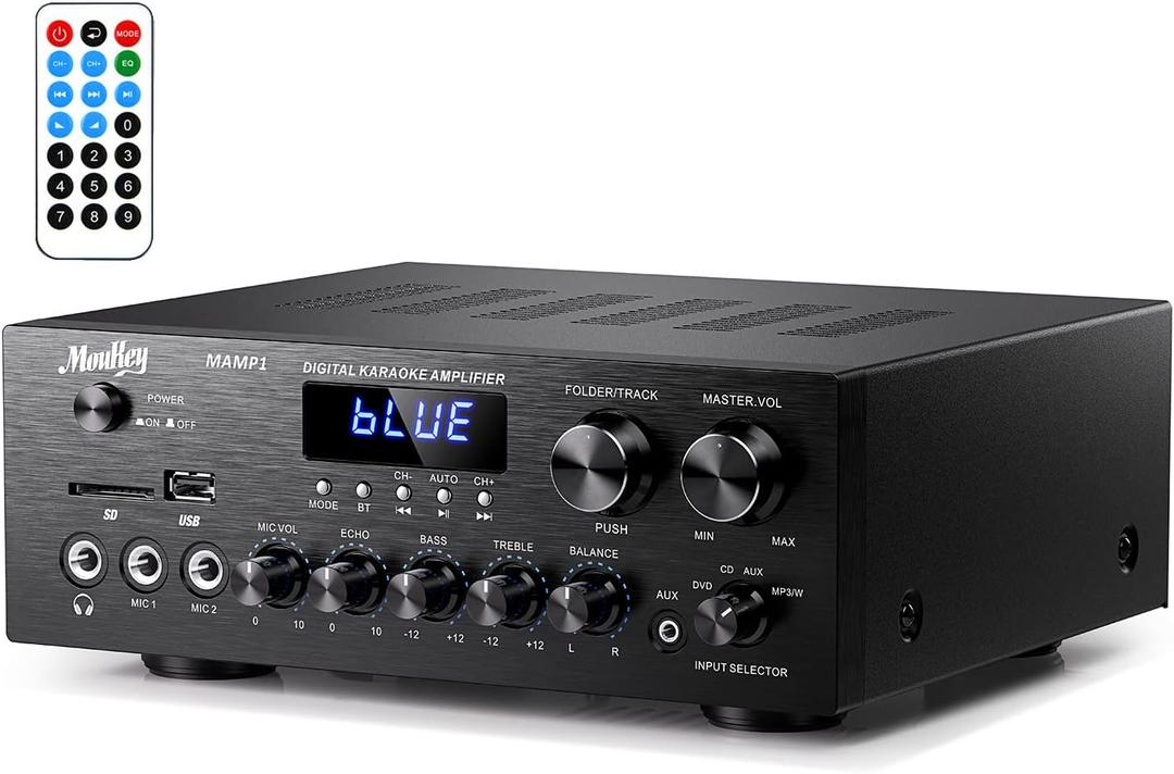 Moukey Stereo Receivers with Bluetooth 5.0, 2.0 Channel Power Audio Amplifier Stereo System w/USB, SD, AUX, RCA, MIC in w/Echo, LED for Karaoke, Home Theater Speakers, 400W Peak, 25W 2 RMS- MAMP1