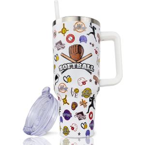 40 oz Softball Tumbler with Handle and Straw, Stainless Steel Insulated Cup, Reusable Coffee Mug with Leak Proof Lid, Softball Gifts (white yellow)