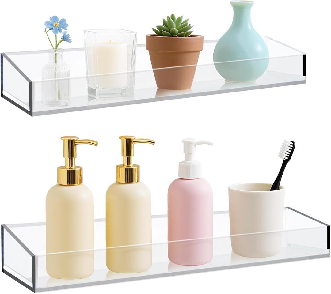 Acrylic Bathroom Shelves Set of 2,15" Thick Wall Mounted Floating Shelves -Transparent Shower Organizer Storage and Display Shelving Clear Adhesive Wall Rack for Bedroom, Kitchen, Office, Living Room (2 Pack With Rectangular Seamless Stickers)