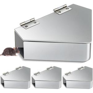 Qualirey 4 Pcs Mouse Station Carbon Steel Mice Bait Station Waterproof Mice Stations Outdoor Metal, Keeps Children and Pets Safe Indoor & Outdoor, Bait Not Included, Silver