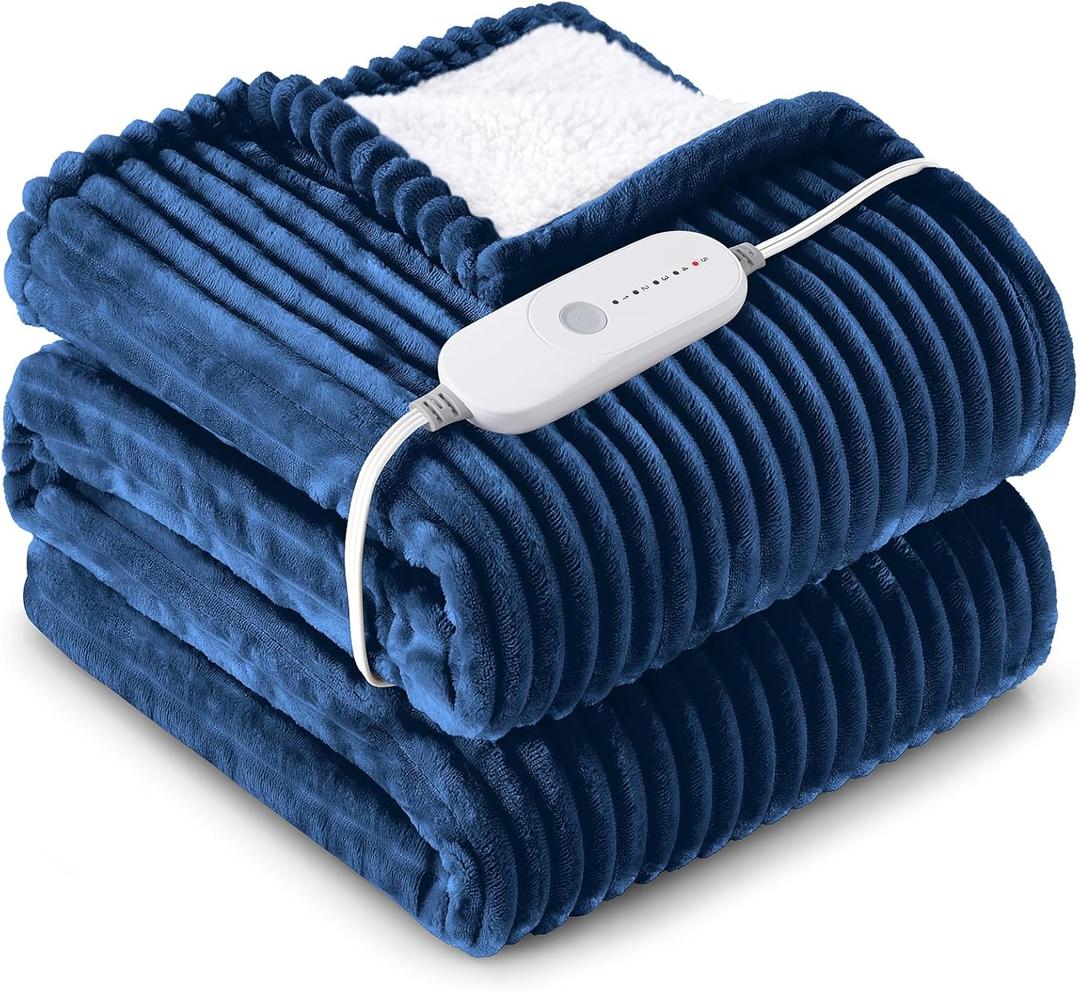 HYLEORY Heated Blanket Electric Throw, Soft Flannel Sherpa Heater 5 Heat Settings and 3 Hours Auto Shut-Off Heating Blanket ETL Certification Over-Heat Protection Machine Washable, Navy Blue
