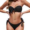 Zonsaoja Women Strapless Bandeau Bikini Set Knot Two Piece Swimsuit Side Tie Cheeky Bathing Suits (Large, Black)