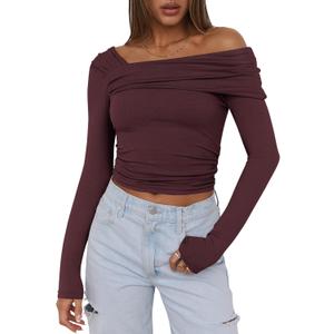 ANRABESS Womens One Off Shoulder Shirts Long Sleeve Going Out Crop Tops Ruched Tight Casual Blouse 2025 Trendy (Small, Burgundy)
