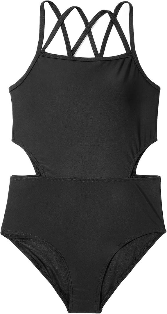 Girls One Piece Swimsuits Bathing Suit for Teens Cut Out Cute Girls' One-Piece Swimwear Criss Cross for Kids Summer Beach (12T , Black)