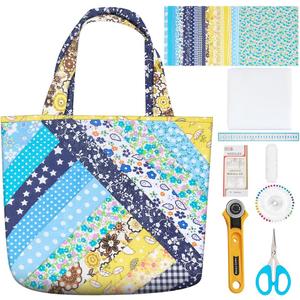 WEBEEDY DIY Bag Quilted Kit Stripes Tote Bag Quilted Starter Kit with Video Tutorial for Beginners Adults Handmade Bags Making with 21 Colors Square Fabrics Instructions and Complete Quilting Tools