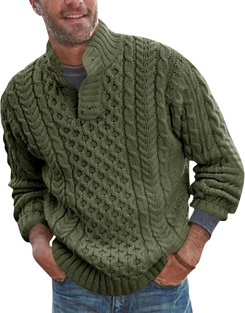 Bbalizko Mens Stand Collar Pullover Sweater Cable Knitted Chunky Winter Fashion Buttons Twisted Thermal Sweaters, XXL