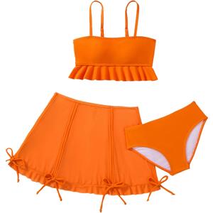 Girls 3 Piece Bathing Suit Set, Ruffle Cami Tankini Top with Swim Skirt and Bikini Bottom, Girls Swimwear for Beach,Ages 13-16 (Orange)