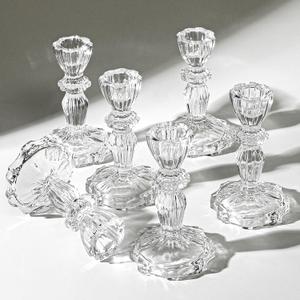 4.33" Tall Glass Candlestick Set of 6 Clear Crystal Candle Holders for Glass Taper Holder Decor for Wedding Birthday Party Christmas
